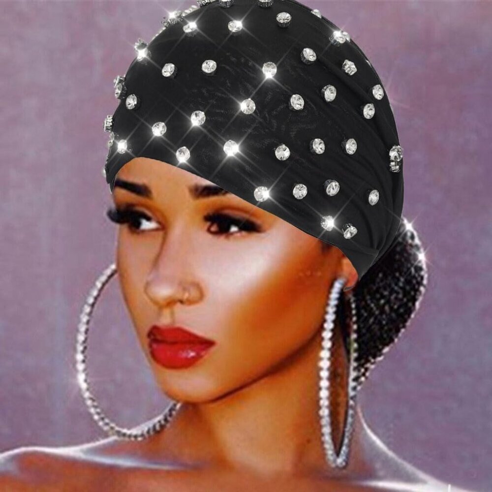 Black Rhinestone Headband Spandex Fabric Versatile Stylish Head Wrap Women